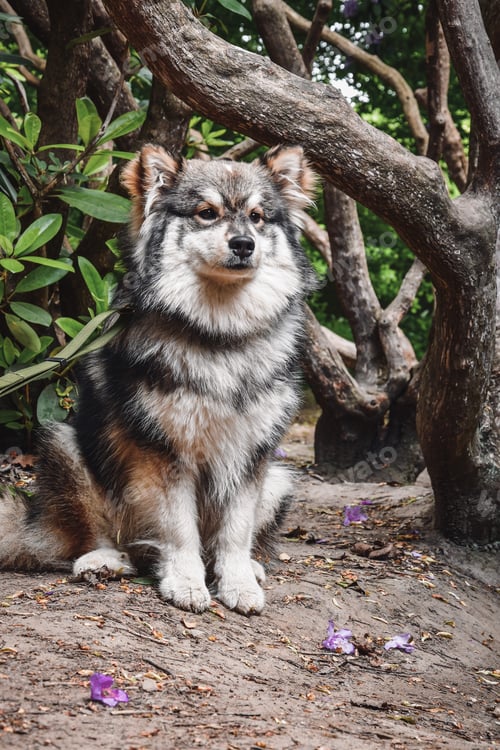 Preview: Portrait of a young puppy finnish lapphund dog sitting in forest