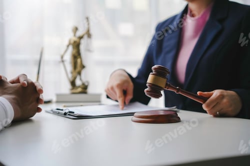 Preview: Lawyer holding judge gavel explaining contract and pointing with finger for client to sign