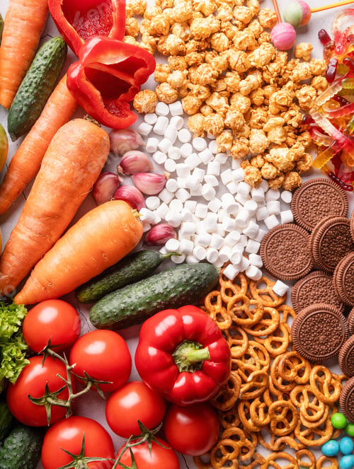 Preview: Healthy and unhealthy food top view flat lay