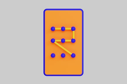 Visualização: Composição abstrata com retângulo laranja e círculos azuis