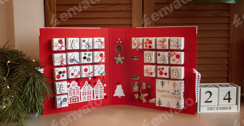 Preview: Pretty girl holds original advent calendar made of jewelry boxes and binder, Christmas diy craft