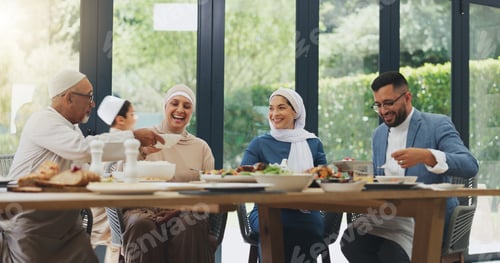 Preview: Muslim, family and dinner at dining table for ramadan, islamic celebration and eating food at home.