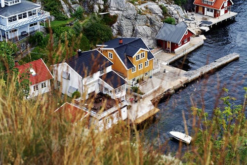 Preview: High angle shot of the small houses by the sea at Kragero, Telemark, Norway