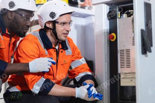 Preview: A team of engineers meeting to inspect computer-controlled steel welding robots