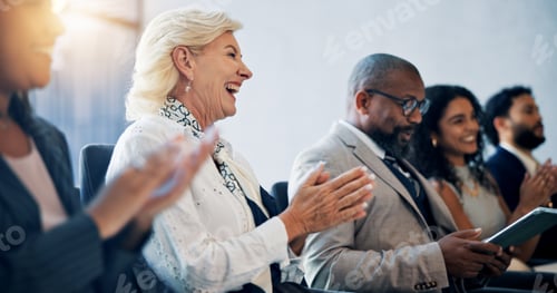 Preview: Business, applause and group in seminar, celebration and colleagues in workshop for training and me