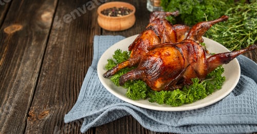 Preview: Baked quail with herbs on a wooden table. Side view. Banner. Copy space.