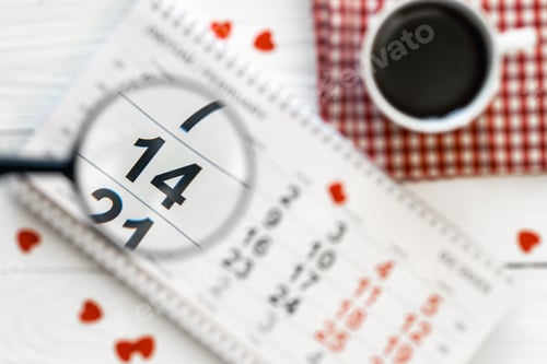 Preview: Valentine's Day background, date February 14 on calendar, flat lay, top view.