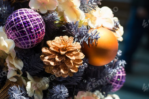 Preview: Design Christmas tree with holiday golden cones and paurle balls. Xmas card