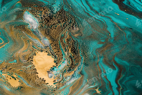 Preview: Acrylic Fluid Art. Turquoise waves and gold inclusion. Abstract stone background or texture