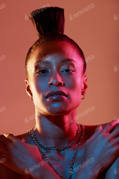 Preview: Portrait, face and makeup with a model black woman in studio on a neon background for beauty. Art,