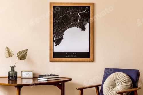 Preview: Interior design of sitting room with stylish wooden table.