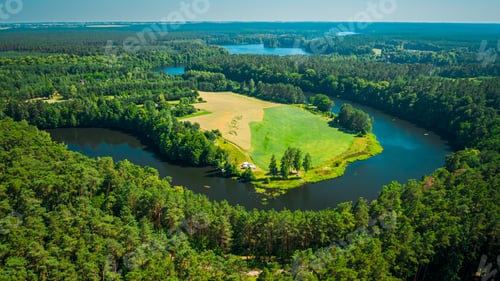 Preview: Winding river between green forests at sunrise in summer