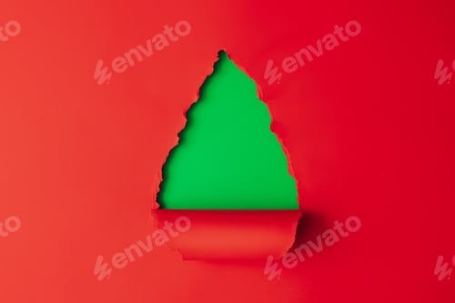 Preview: Christmas tree shape made with red and green paper. Minimal Christmas background. with copy space.