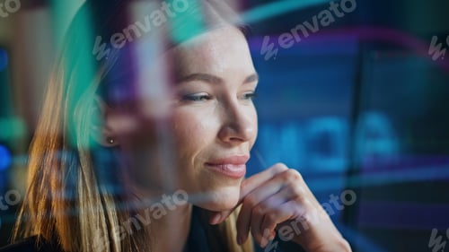 Preview: Stock market broker analyse sales data closeup. Businesswoman at hologram graph