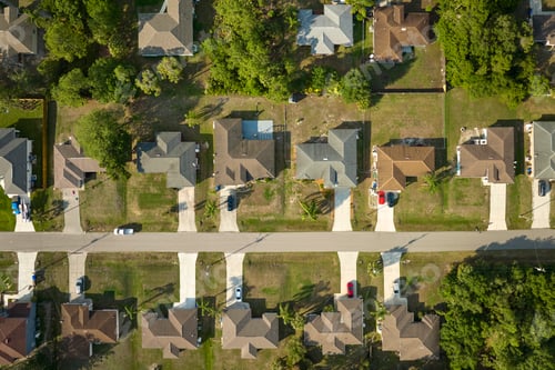Preview: Aerial view of suburban landscape with private homes between green palm trees