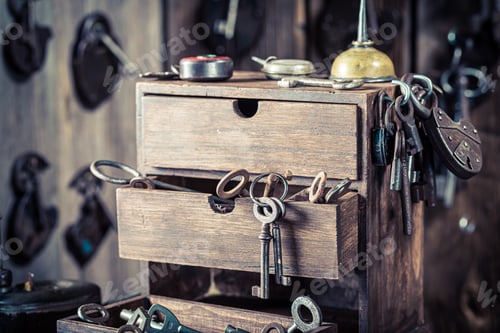 Preview: Vintage locksmiths workshop with locks and tools. Ancient locksmiths workshop.