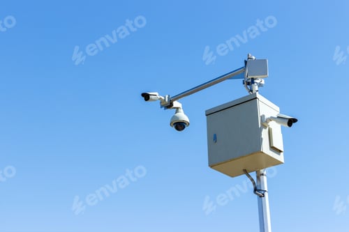 Preview: three cameras Cctv technology, video photography on the sky background