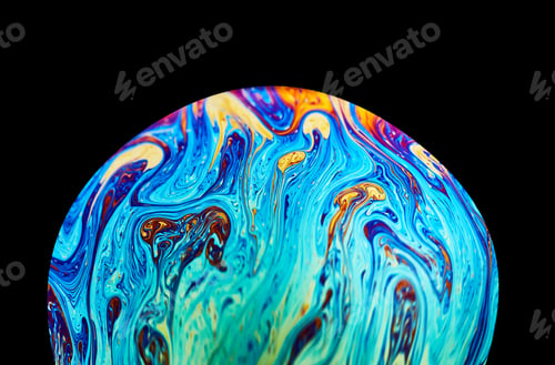 Preview: Virtual reality space with abstract multicolor psychedelic planet. Closeup Soap bubble