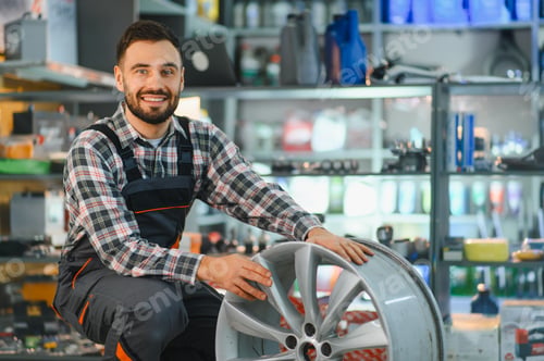 Preview: Smiling mechanic holding alloy wheel in auto shop