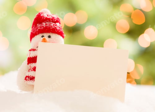 Preview: Cute Snowman with Blank White Card Over Abstract Background