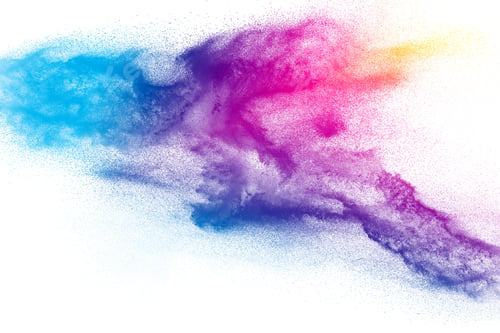 Preview: Multi color powder explosion on white background. Launched colorful dust particles splashing.