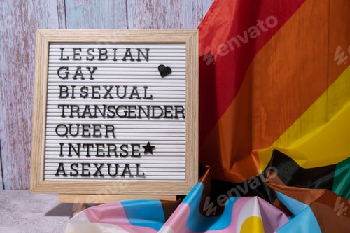 Preview: LGBTQIA description frame on Rainbow LGBTQIA flag made from silk material. LESBIAN, GAY, BISEXUAL