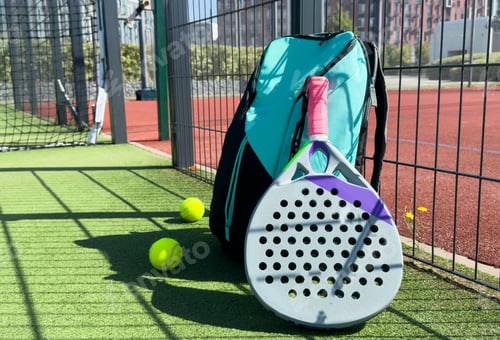 Preview: Blue bag with tennis padel racket and ball on grassy field at tennis court, copy space. Unaltered