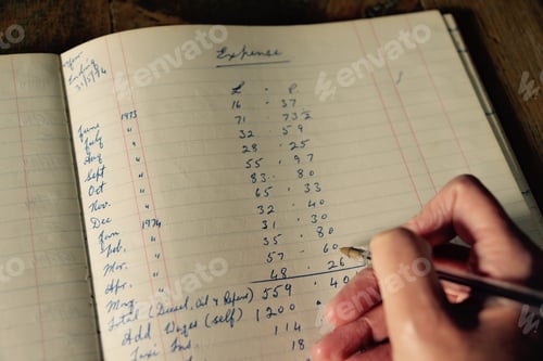 Preview: a hand holding a pen writing in an accounting book