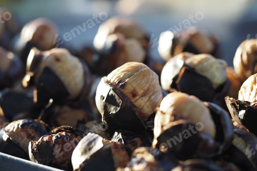 Preview: Freshly roasted chestnuts ready for sale at the market in autumn