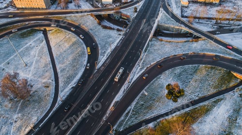Preview: Aerial view of Riga elevated road junction and interchange overpass at wintertime