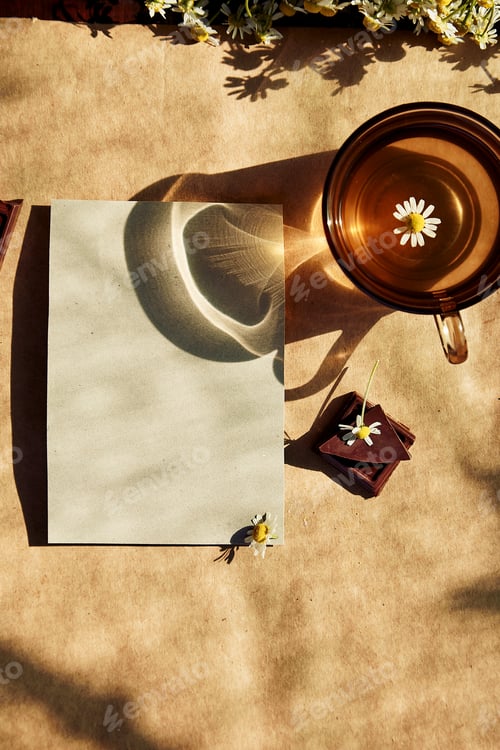 Preview: Chamomile tea, chocolate, herbal tea mock up, hard shadows. Top view