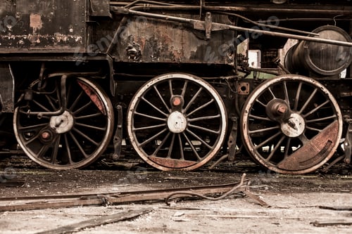 Preview: Detail of steam train wheels in railway shed, Inota, Hungary