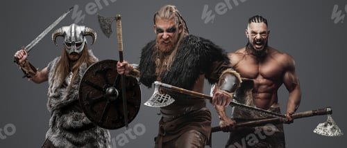 Preview: Furious vikings from past isolated on grey background