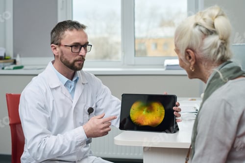 Preview: Male Doctor Showing Senior Woman Retinal Scan on Tablet