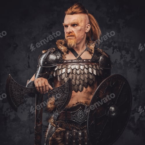 Preview: Viking posing with shield and axe against dark background