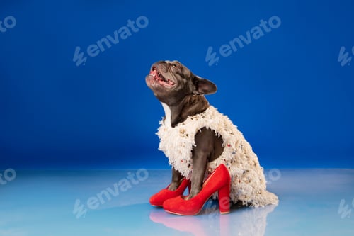 Preview: French Bulldog in White Fur Coat and Red High Heels