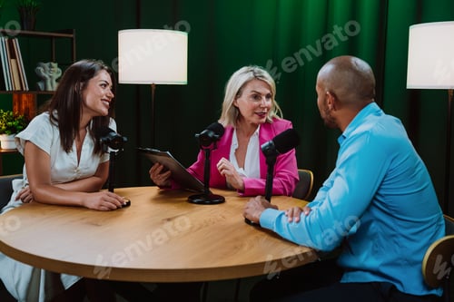 Preview: Group of people talking during podcast recording