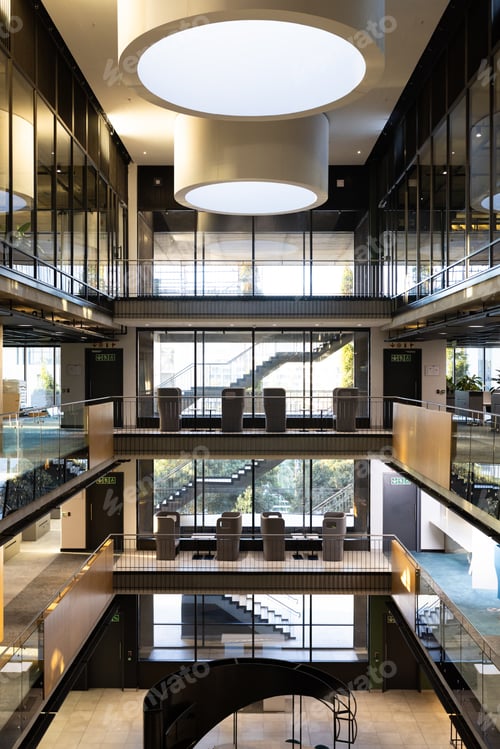 Preview: Showcasing architecture, modern office building interior with glass walls and open staircases, copy