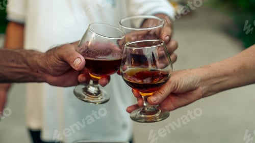 Preview: Home Garden BBQ Party, Wine Glasses Clink in Family Toast, enjoying harvest time together outside