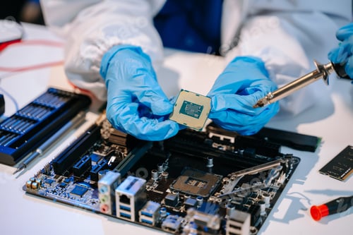 Preview: The technician is putting the CPU on the socket of the computer motherboard. electronic engineering