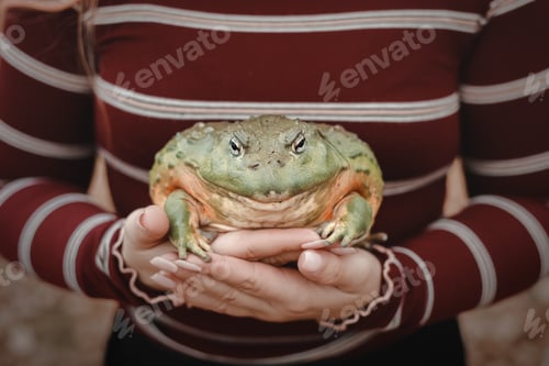 Preview: A woman holds a green frog in her hands.A woman holds a green frog in her hands.
