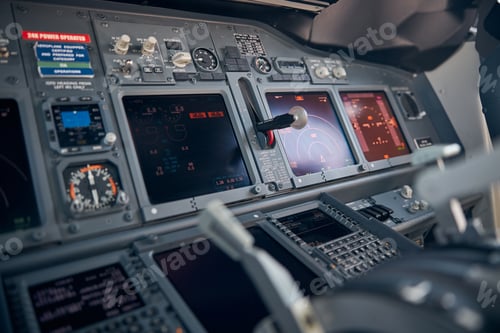 Preview: Aircraft flight deck with flight displays, switches and knobs