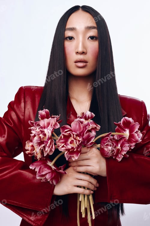 Preview: Elegant woman with long black hair in red jacket holding a bouquet of flowers outdoors
