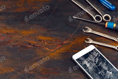 Preview: Digital gadget with tools. Repairing smartphone concept