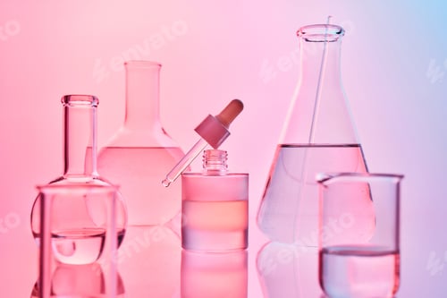 Preview: Skincare research creating beauty products with laboratory glassware