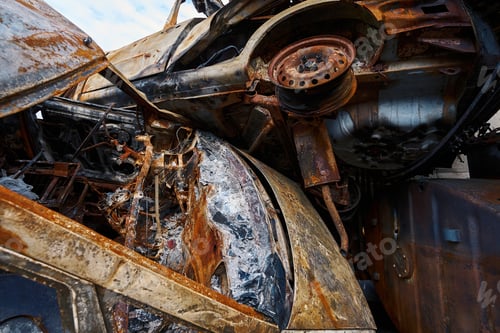 Preview: Heap of destroyed civilian vehicles after warfare in Bucha district