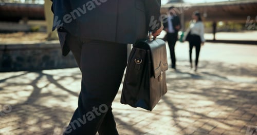 Preview: City, walking and business man with briefcase for morning commute, travel and journey to work. Prof