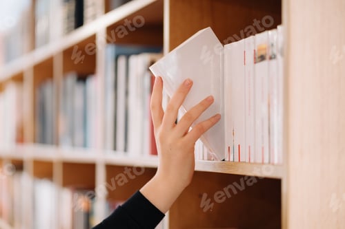 Preview: Girl hand picking a book on a library shelf