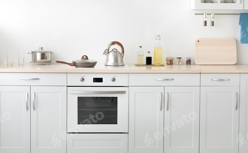 Preview: Contemporary scandinavian home interior, cozy kitchen design with utensils and apartment for rent