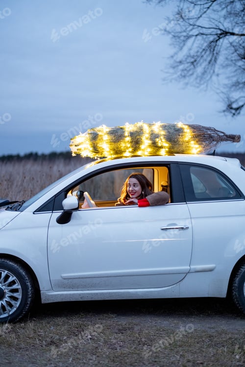 Preview: Woman carries Christmas tree by car